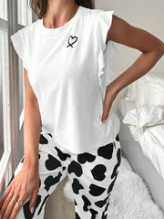 Heart print pajama set with ruffle sleeves - View 9 | TEVQA