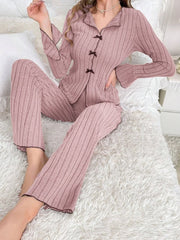 Ribbed pajama set with contrast trim and bow details - View 21 | TEVQA
