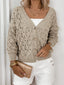 Beige open knit hollow out button front cardigan - View 7 | TEVQA