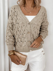 Beige open knit hollow out button front cardigan - View 7 | TEVQA