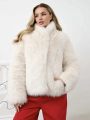 Champagne Cloud Faux Fox Fur Jacket - TEVQA