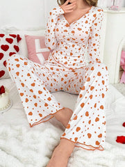 Ribbed Heart Print Pajama Set - View 23 | TEVQA