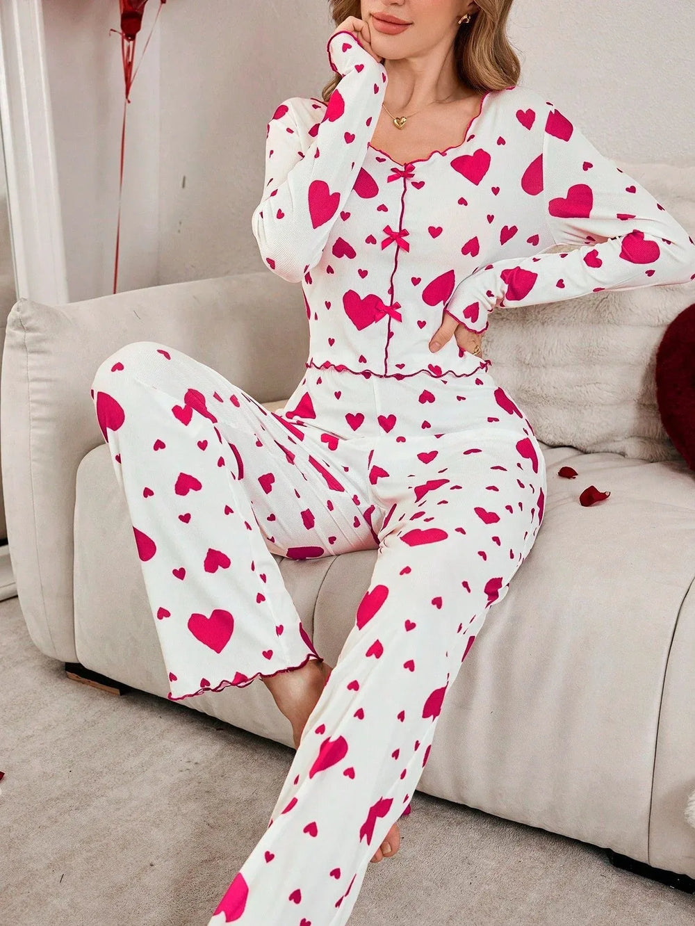 Ribbed Heart Print Pajama Set - View 12 | TEVQA