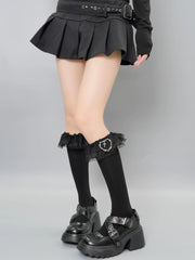 Black Gothic Lace Ruffle Knee High Socks with Heart Cross Charm