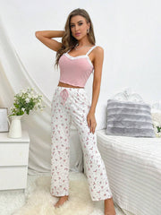 Pink Ribbed Cami & Floral Pants Pajama Set