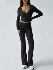 Balletcore V-Neck Crop Top & Fold-Over Flare Pants Set