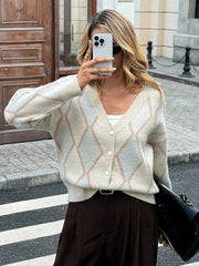 Vintage Soft Argyle V-Neck Knit Cardigan - TEVQA