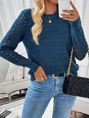 Navy blue hollow out sleeve crew neck sweater - View 6 | TEVQA