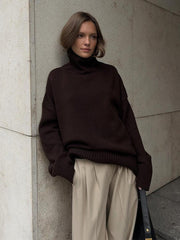 Effortless Oversized High-Neck Ribbed Knit Sweater - TEVQA