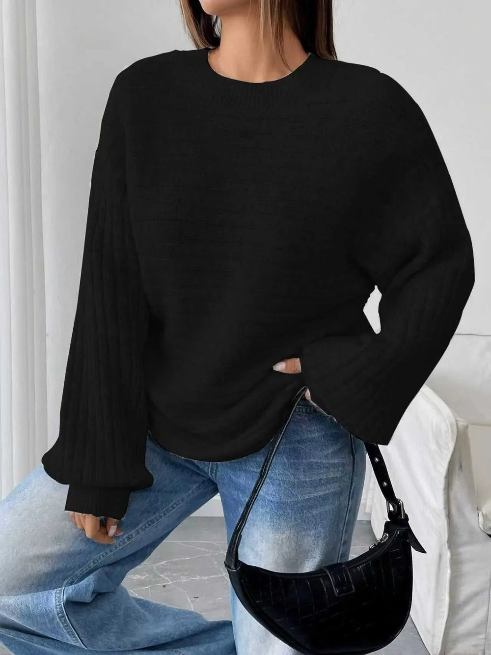 Cloud Grey Ribbed Knit Lantern Sleeve Sweater - View 8 | TEVQA