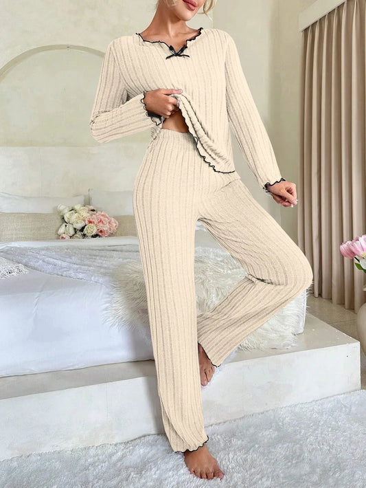 Coquette Contrast Trim Ribbed Pajama Set - TEVQA