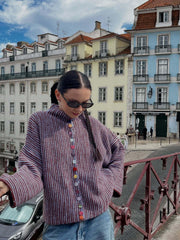 Eclectic Rainbow Button High-Neck Cardigan - View 7 | TEVQA