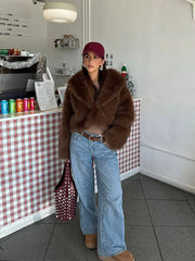 Plush faux fur cropped jacket with oversized lapels - View 10 | TEVQA