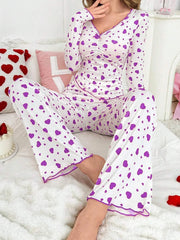 Ribbed Heart Print Pajama Set - View 34 | TEVQA