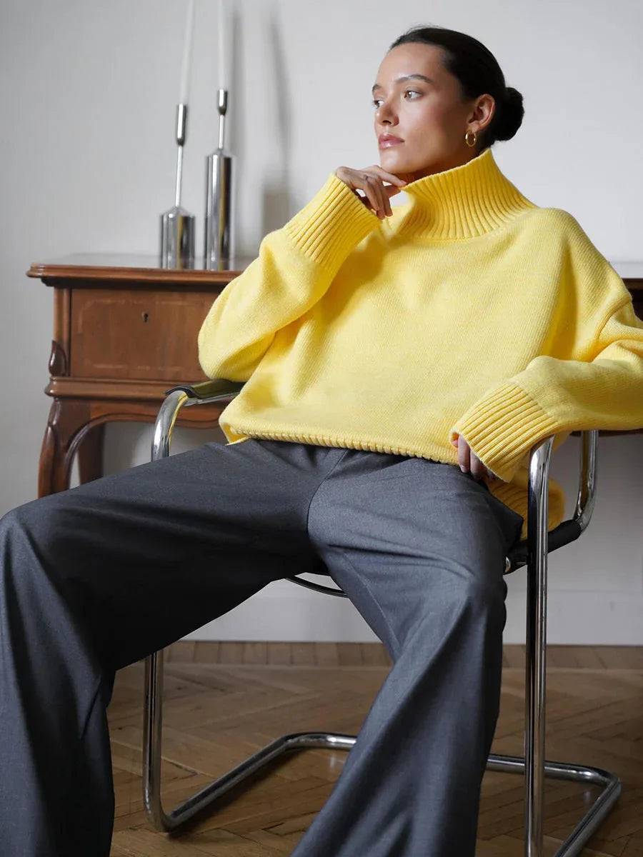 Effortless Oversized High-Neck Ribbed Knit Sweater - TEVQA