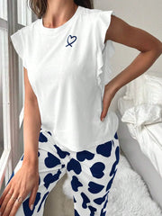 Heart print pajama set with ruffle sleeves - View 24 | TEVQA