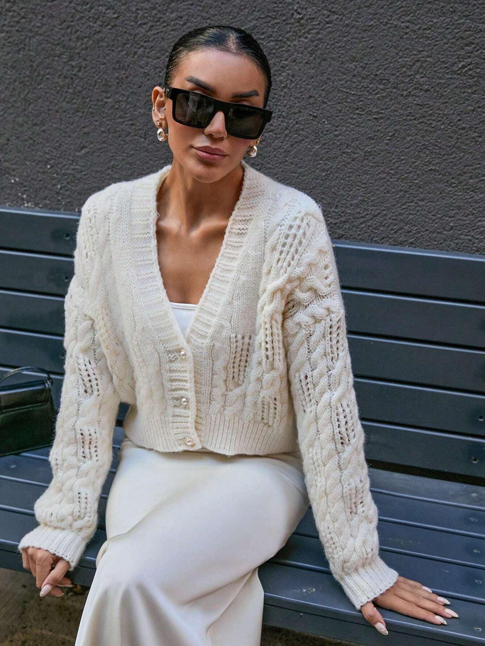 Vintage Vanilla Cable Knit Cardigan - TEVQA