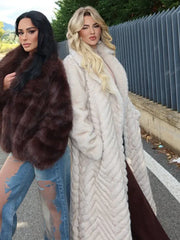 Elegant chevron textured faux fur maxi coat - View 10 | TEVQA