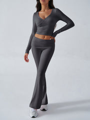 Balletcore V-Neck Crop Top & Fold-Over Flare Pants Set