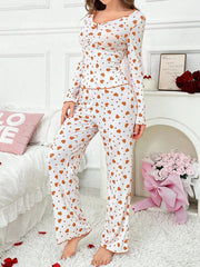 Ribbed Heart Print Pajama Set - View 22 | TEVQA