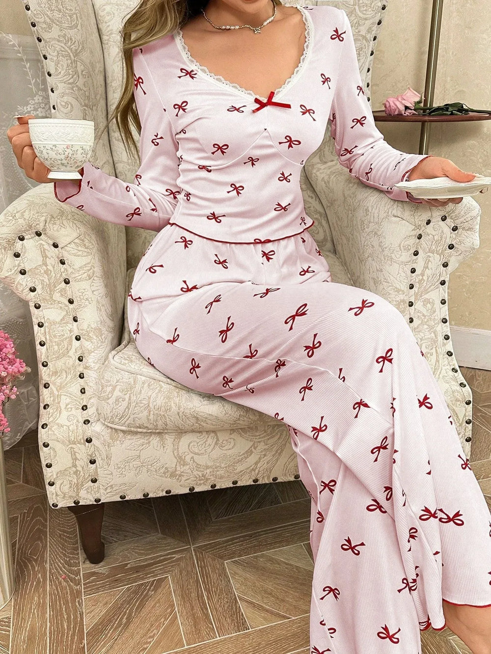 Ribbed pajama set with bow print and v-neckline - View 12 | TEVQA