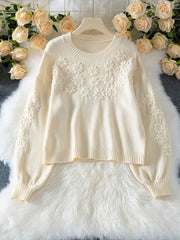 Whimsical 3D Daisy Embroidered Sweater - TEVQA