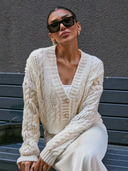 Vintage Vanilla Cable Knit Cardigan - TEVQA