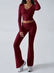 Balletcore V-Neck Crop Top & Fold-Over Flare Pants Set