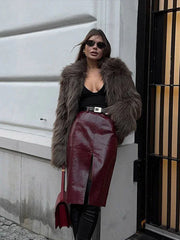 dark taupe shaggy faux fur jacket - View 7 | TEVQA