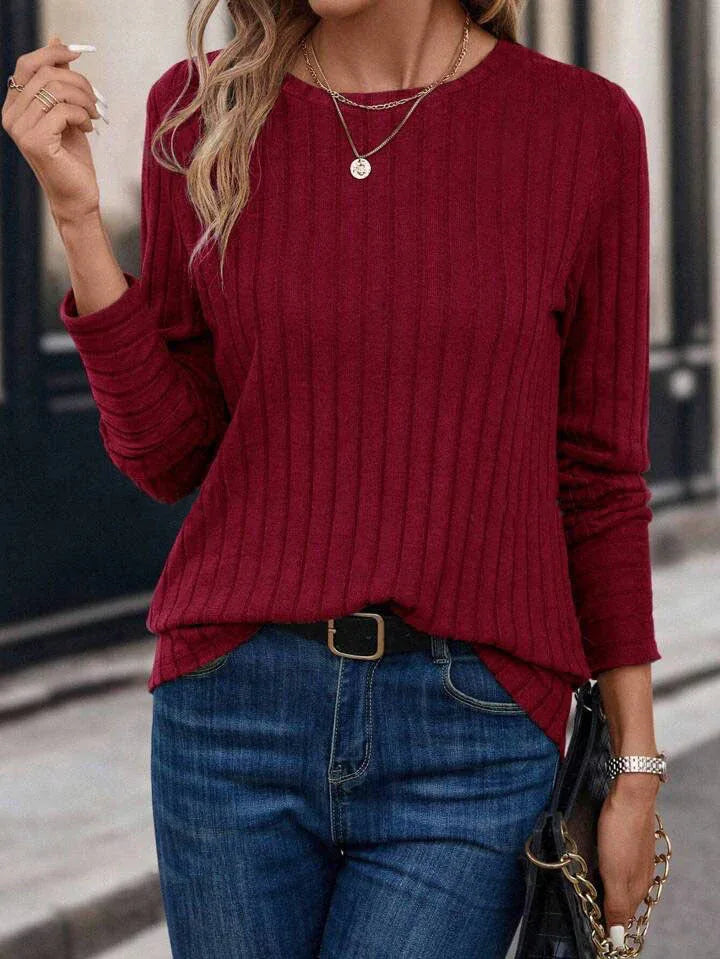 Oatmeal Ribbed Knit Crew Neck Top - View 10 | TEVQA