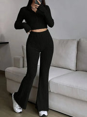 Vintage Moss Ribbed Knit Two-Piece Set - TEVQA