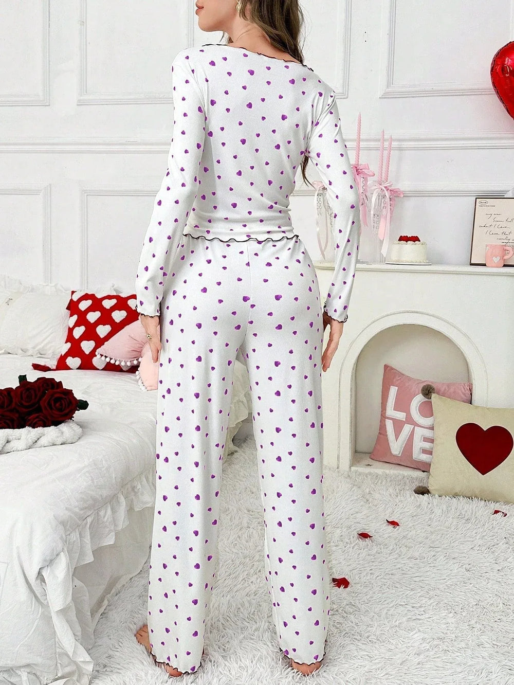 Ribbed Heart Print Pajama Set - View 20 | TEVQA