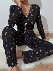 Tulip Floral Ribbed Henley Pajama Set - TEVQA