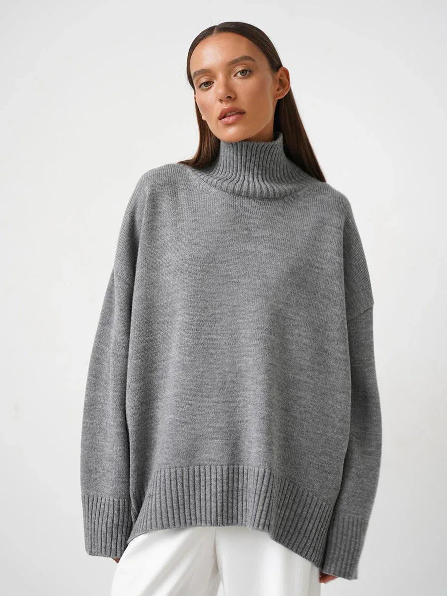 Effortless Oversized High-Neck Ribbed Knit Sweater - TEVQA