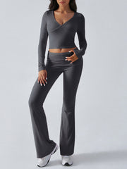 Balletcore V-Neck Crop Top & Fold-Over Flare Pants Set