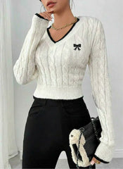 Parisian Charm Bow Embroidered Cable Knit Sweater - View 7 | TEVQA