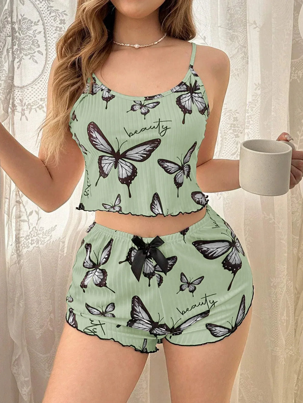 Blue Butterfly Print Ribbed Cami & Shorts Set - TEVQA