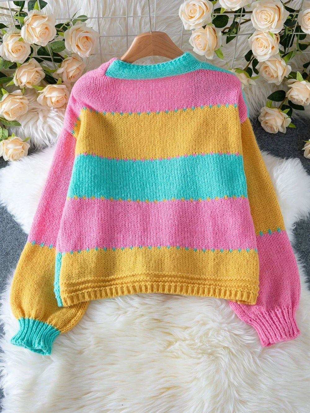 Vibrant Color Block Knit Cardigan - TEVQA