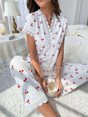 Cherry print ribbed pajama set with lace trim - View 24 | TEVQA