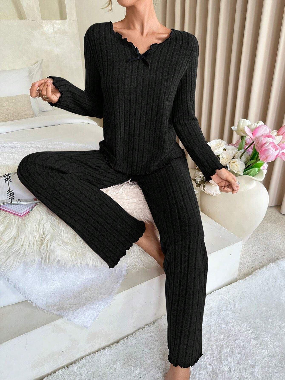 Coquette Contrast Trim Ribbed Pajama Set - TEVQA