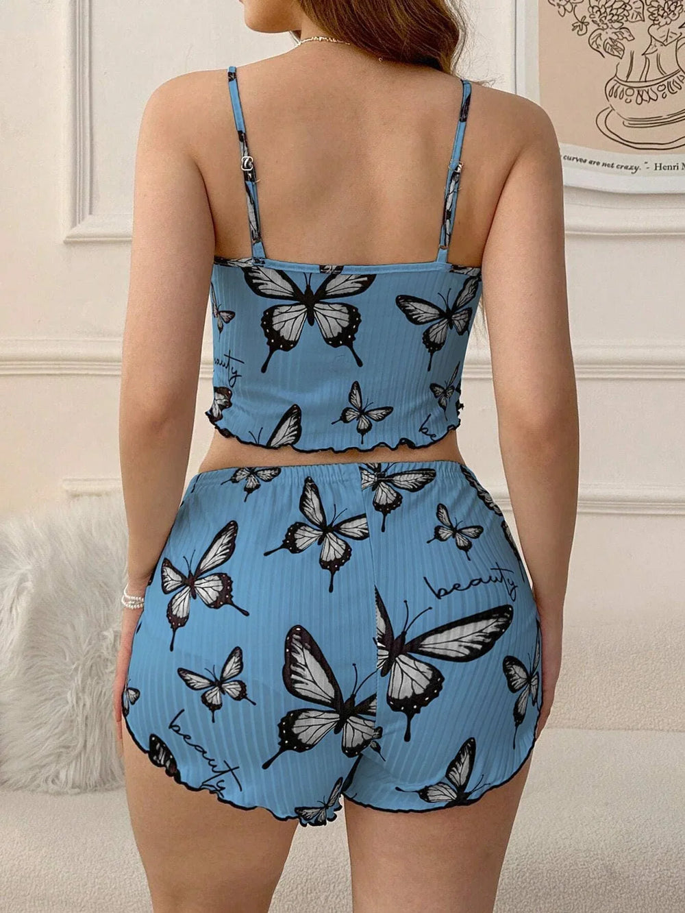 Blue Butterfly Print Ribbed Cami & Shorts Set - TEVQA