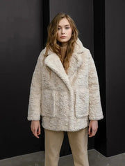 Vanilla Cream Textured Faux Rabbit Fur Coat - TEVQA