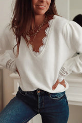 White V-neck sweater with lace trim - View 6 | TEVQA