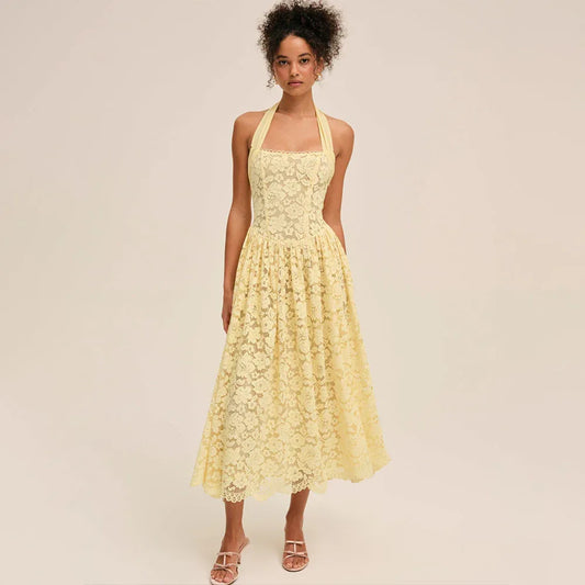 Yellow lace halter midi dress