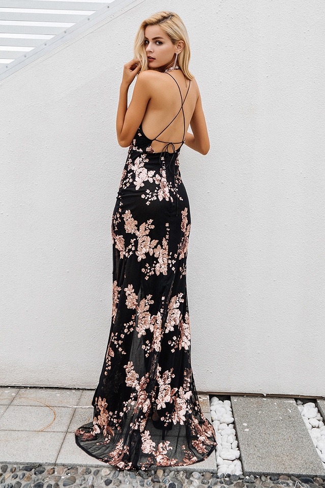 Sequin Halter Backless Split Cocktail Dress - Dress In Beauty