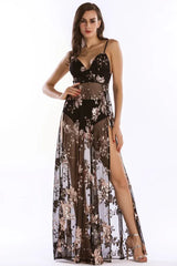 Sequined Sling Backless Split Dress - TEVQA