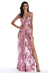 Sequined Sling Backless Split Dress - TEVQA