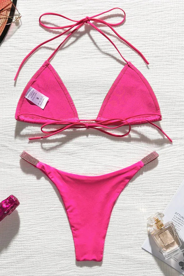 Rhinestone Embellished Triangle Bikini Set - View 22 | TEVQA
