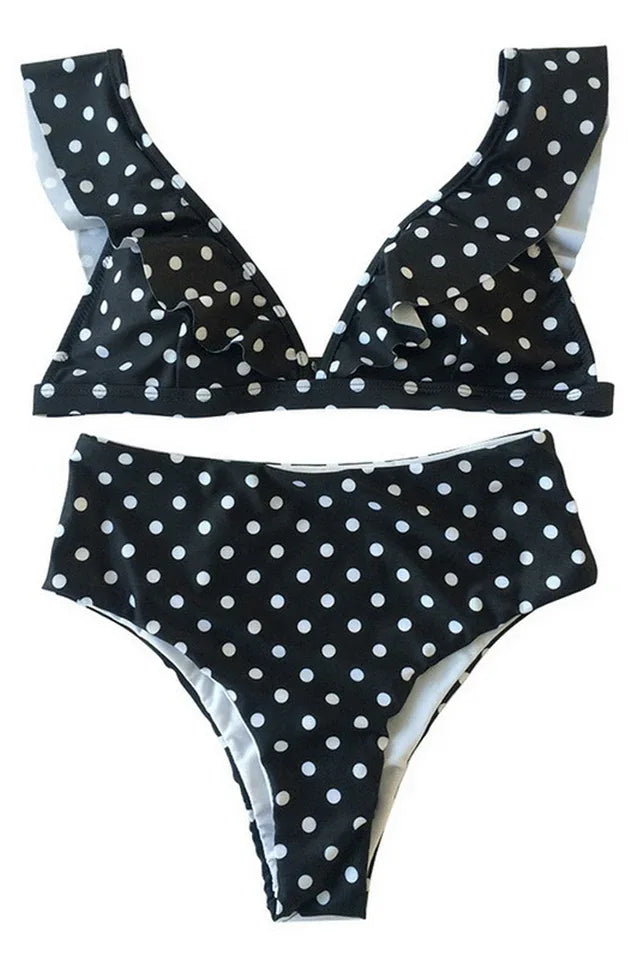 High Waist Polka Dot Bikini with Ruffle Trim - View 9 | TEVQA