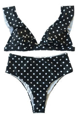 High Waist Polka Dot Bikini with Ruffle Trim - View 9 | TEVQA